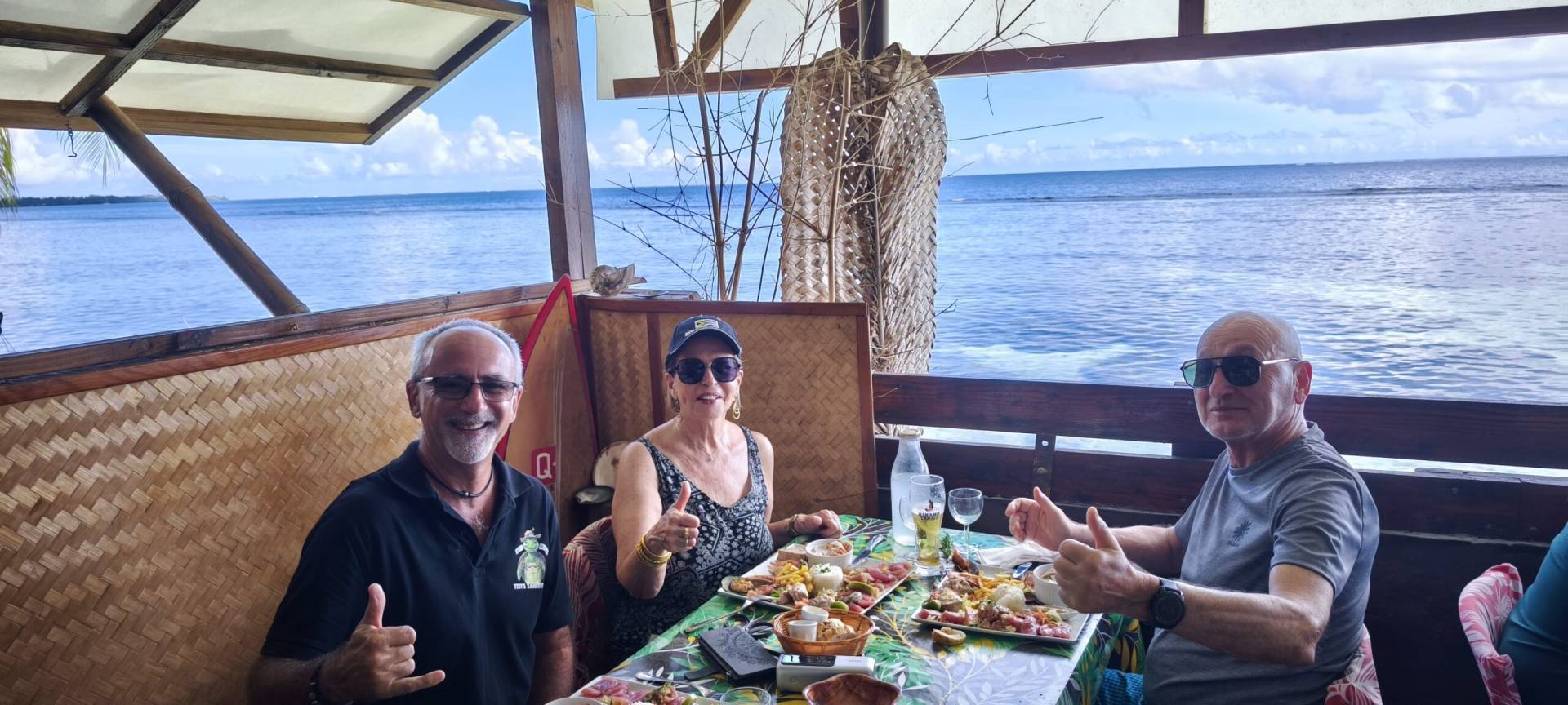 Marie-Claude and Enzo with TiTi at the Maui beach restaurant during their fabulous TiTi's Tahiti Tour