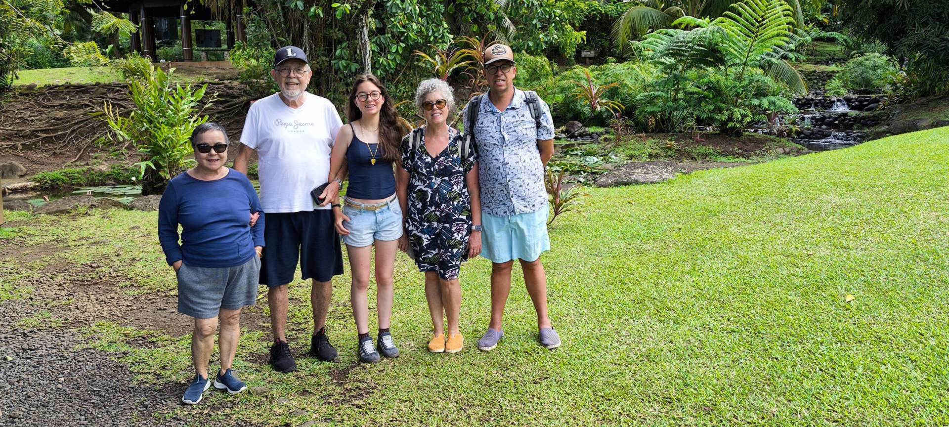 Isabelle, Gérald, Camille, Dominique and Éric at the Vaipahi water garden during their fabulous TiTi's Tahiti Tour