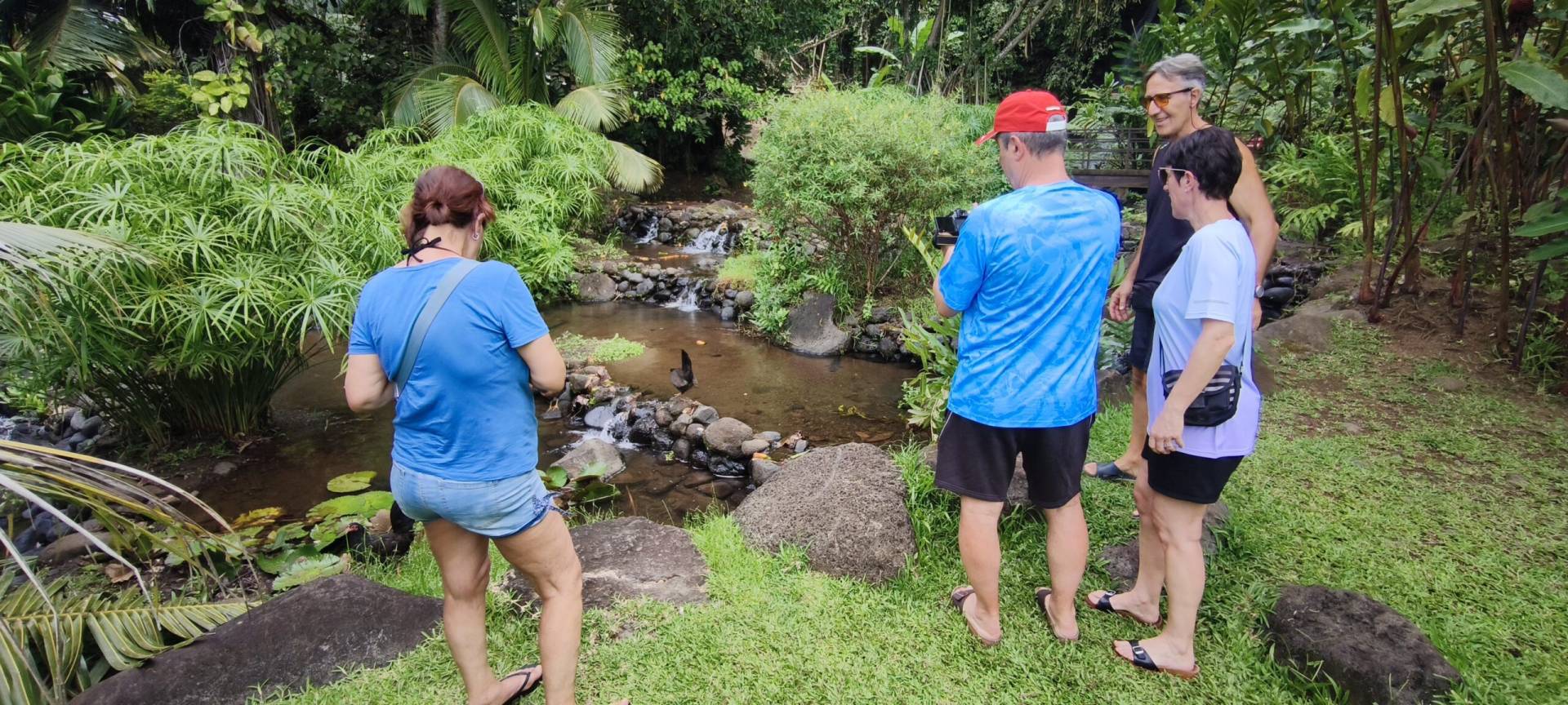 Lina, Marco, Sandrine et Pascal au jardin d'eau de Vaipahi pendant leur fabuleux TiTi's Tahiti Tour