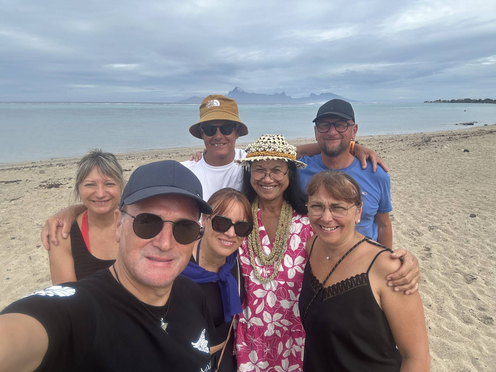 Laeticia, John, Dom, Armelle, Greg, Anne and Antonnietta at Vaiava beach at the start of their fabulous TiTi's Tahiti Tour